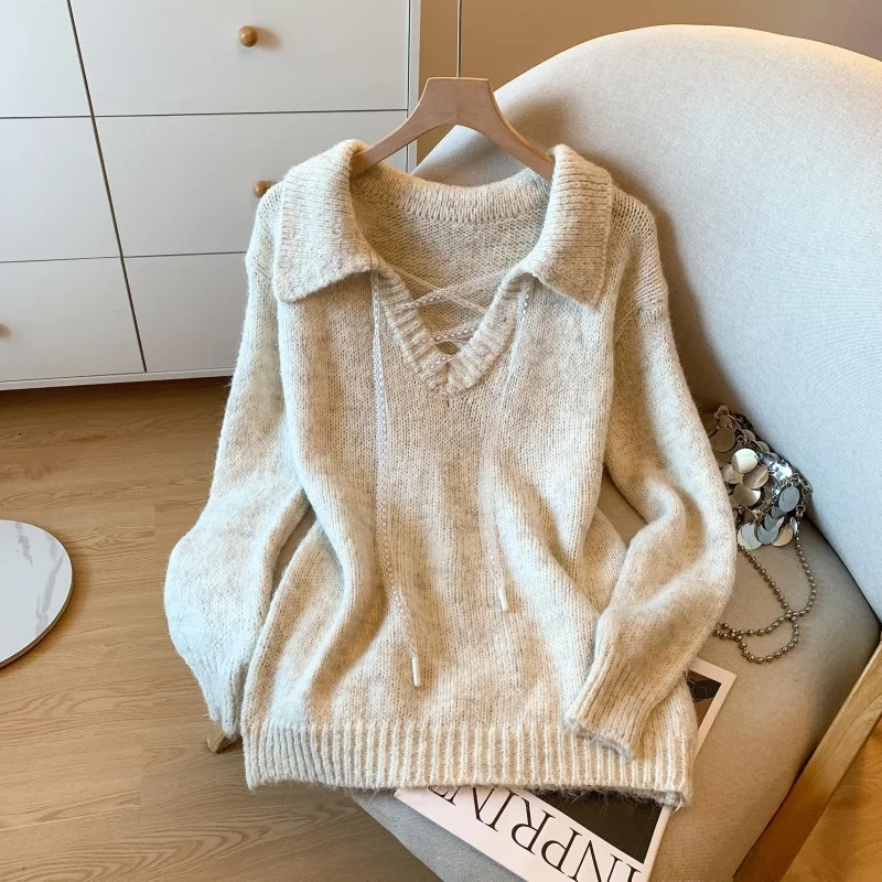Women's Beige Casual Sweater Hollow Collar Long Sleeve American High Street Fashion Retro Loose Winter Top Sweater Clothes