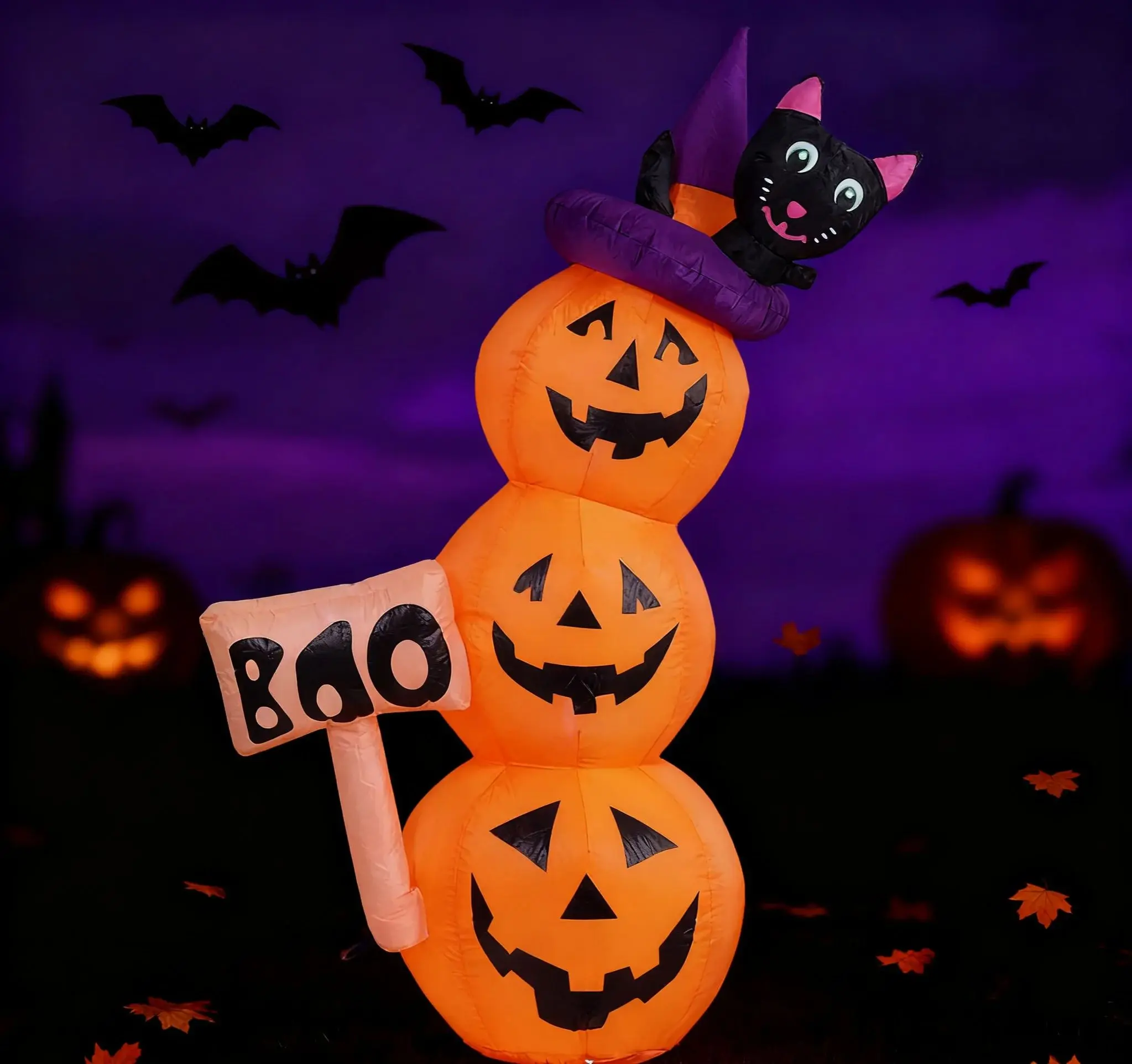 5FT Halloween Inflatable Three Pumpkins with Black Cat Decor Blow up Pumpkin Stacked Halloween Decorations Outer Decoration