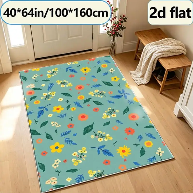 Fresh and Colorful Floral Square Carpet with Seamless Spring Plant and Flower Patterns, Suitable for Bedroom, Living Room, and Home Decoration