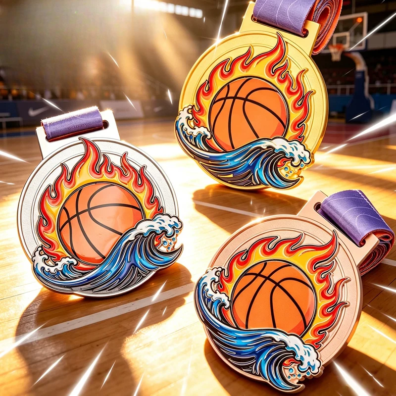 Customized Basketball Metal Medal, Gold, Silver, Bronze, Children's Student Sports Competition Souvenir Decor, Neck Hanging, 3Pc