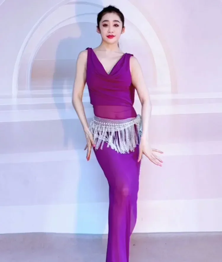 Belly Dance Training Dress Sexy Purple Mesh Sleeveless Skirt Slightly Breathable Goddess Yoga Oriental Ethnic Dance Dress