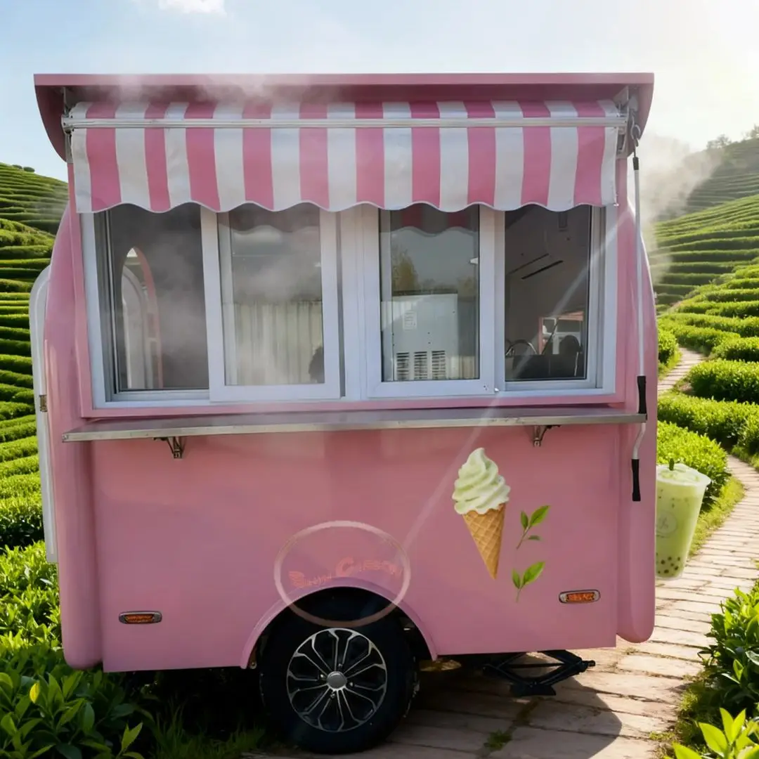 

Pink Portable Fiberglass Food Trailer Catering Vending Cart with Refrigerator Sink And Storage Cabinets for Food Business