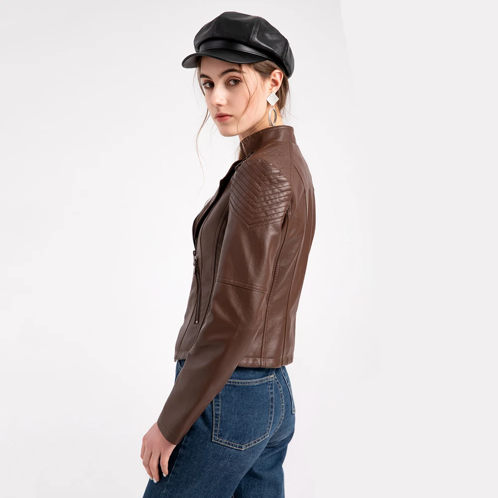 PU Leather Motorcycle Jacket Chaqueta Moto Women Moto Motocross Riding Jacket Standing Neck Zipper Casual Slim Fitting Jacket