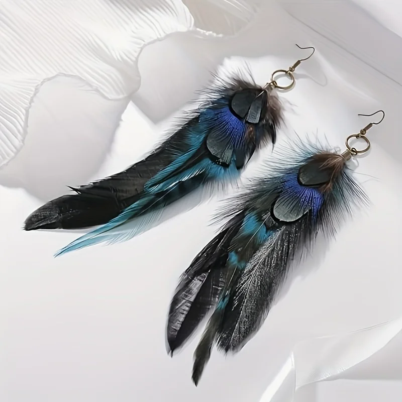 Bohemian ethnic style earrings, antique copper feather alloy ear hooks, women\'s long jewelry