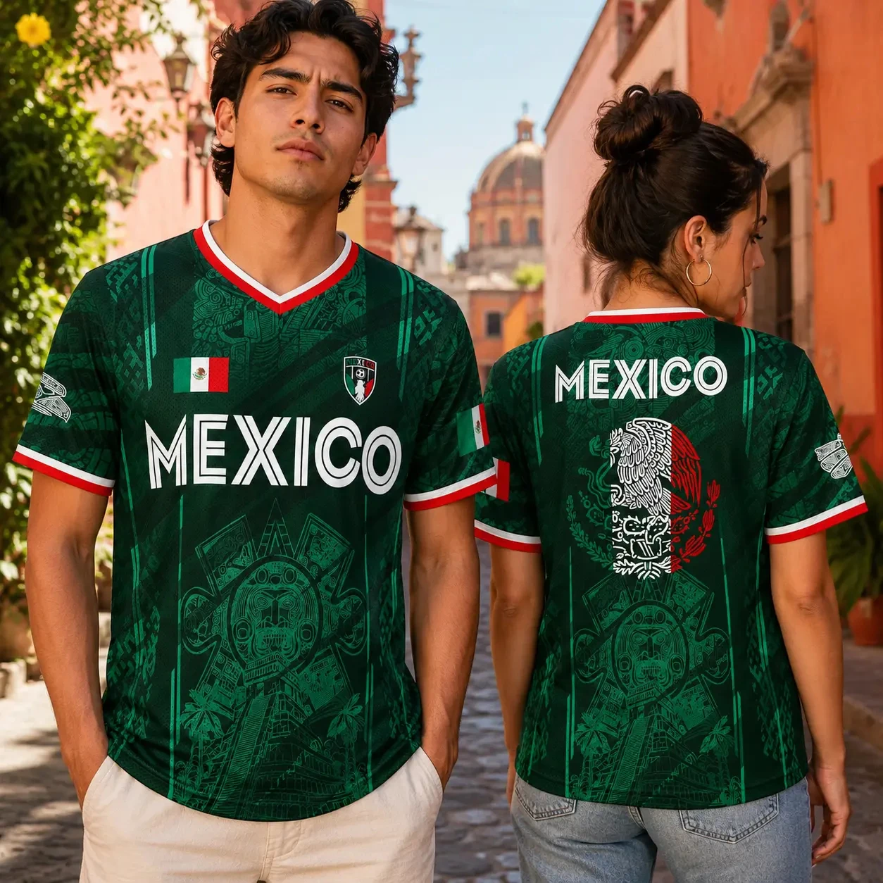 2026 Mexico Soccer Jersey Chichén Itzá Pyramid Graphic Retro Soccer T-shirt Men and Women Breathable Quick Drying Parent-child view 2
