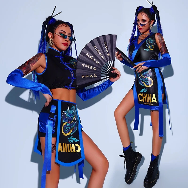 

Adult Hip Hop Dance Costumes For Womens Group Blue Sexy Jazz Dance Suit K-POP Song Playing Performance Show Dance Clothes XH1819