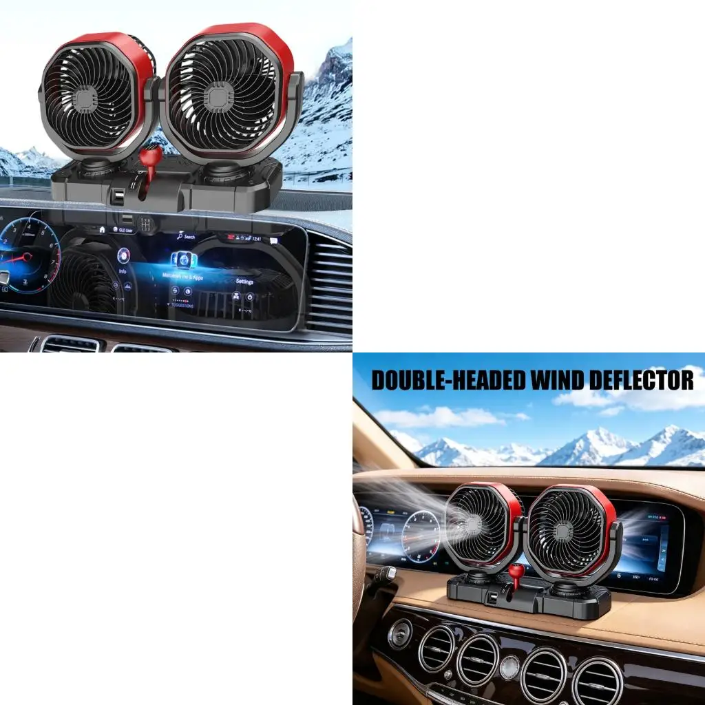 Double Head Vehicle Fan 12V 24V with Brushless Motor Low Noise Cabin Airflows Fan for Truck RVs Car Dashboard Cooling Use