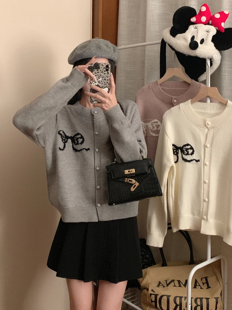 Gaganight Women Homemade Bow Ribbon Jacquard Soft Glutinous Knitted Cardigan 2024 Autumn New O neck Unique Beautiful Sweater