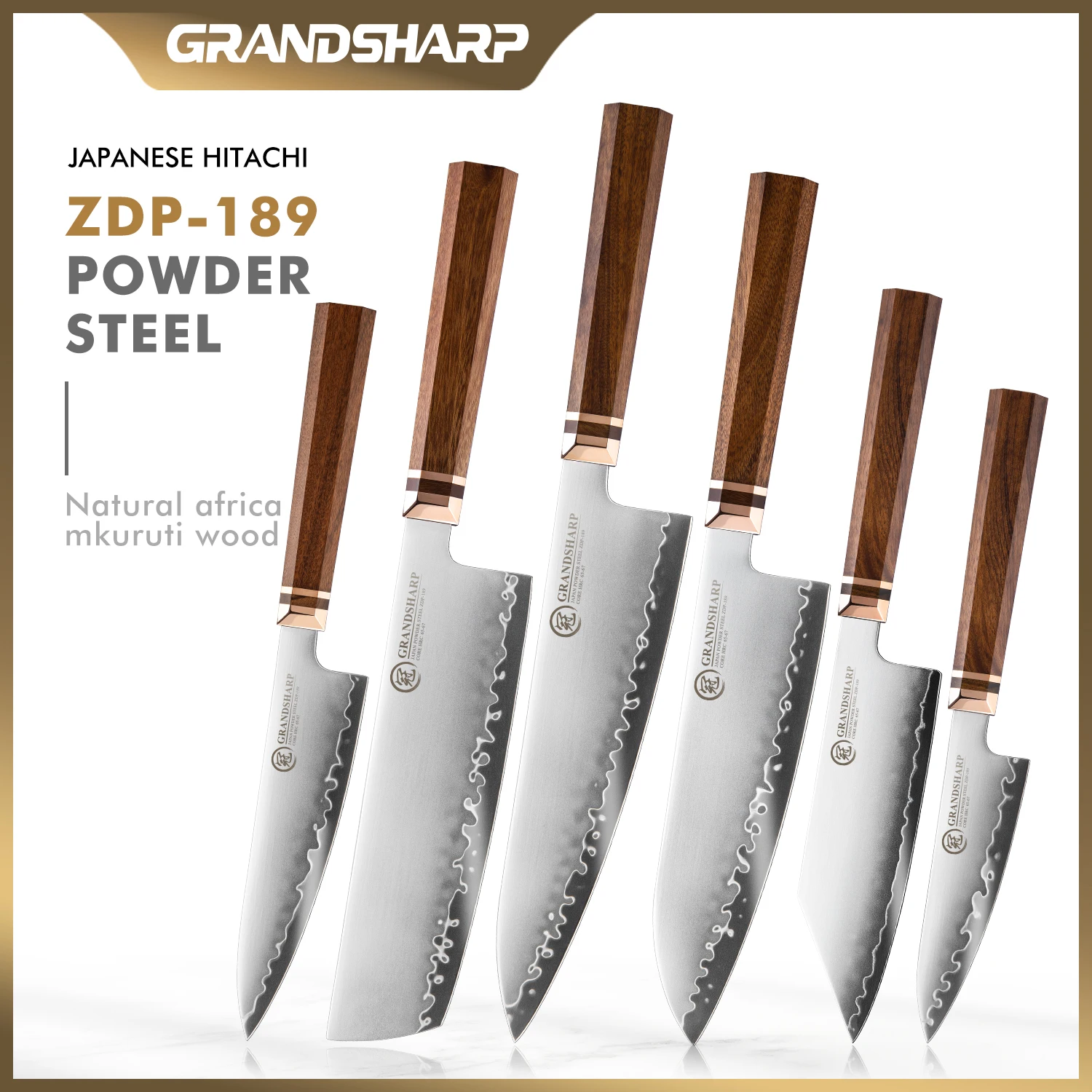 Grandsharp 1-6Pcs Kitchen Knife Set ZDP-189 Steel Core 3 Layer Composite Africa Mkuruti Wood&Brass Handle 1-5pcs Knife Set