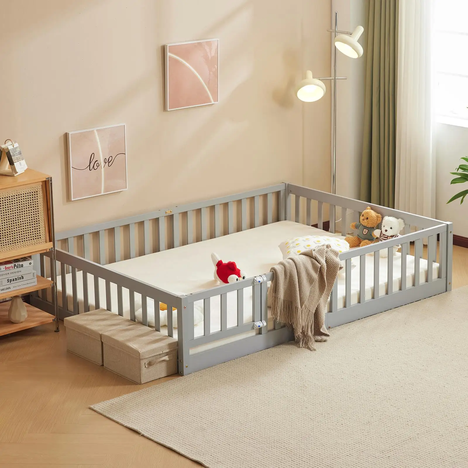 Grey Pine Queen Children's Bed with Door & Board - Fence Style Design