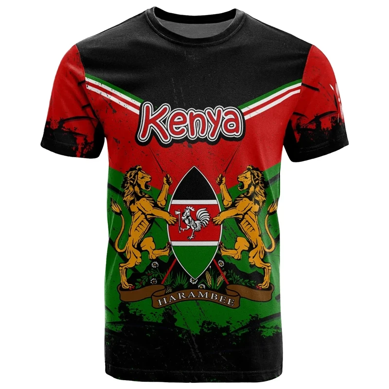 Men\'s Kenya Flag Pattern Print Streetwear T-shirt kenyan National Emblem 3D Printed Men Women Casual Sports Gym Tops Clothing