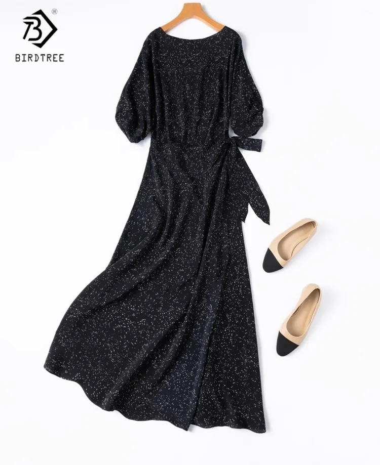 

Birdtree Summer 100% Mulberry Silk Dress,Women's Double Crepe Boat Neck Printing Loose Long Black Dress,2025 New D55026JF