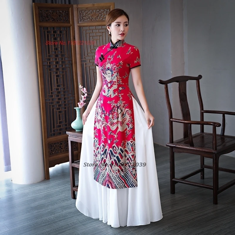 2025 فيتنام أوداي فستان تقليدي صيني محسّن تشيباو التنين الوطني طباعة شيونغسام فستان مأدبة مساء فستان فيستدو