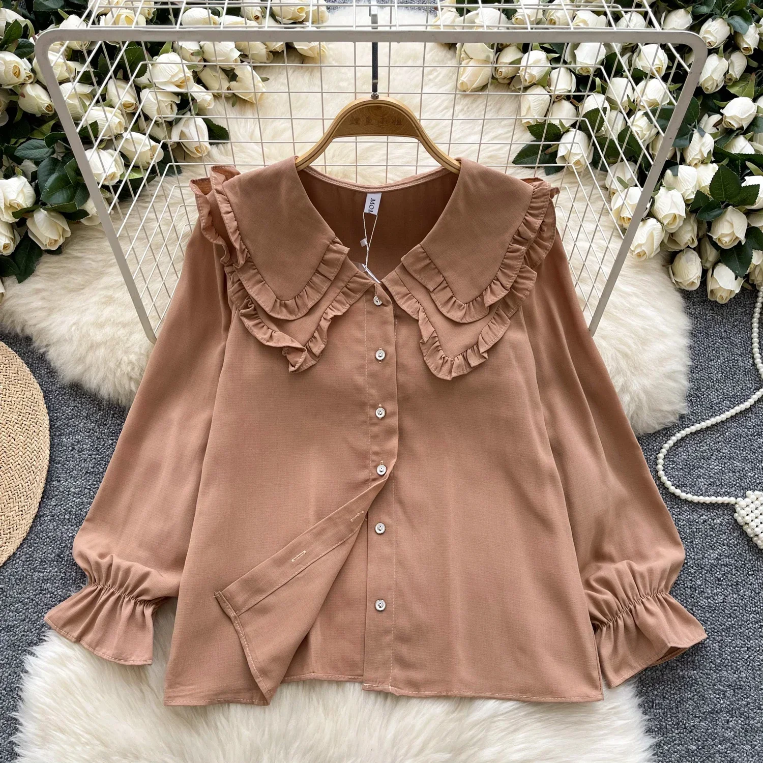 Chic Casual Peter Pan Collar Long Puff Lantern Sleeve Lace-up Blouse Slim Sexy Sweet Shirt Women Basics Luxury Fashion Y2k