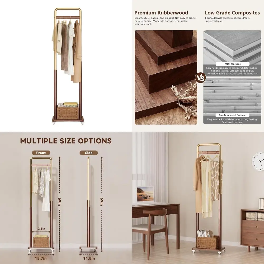 

Wooden & Metal Freestanding Coat Rack with Wheels for Home, Perfect for Entryway, Bedroom, Living Room, Hanging Clothes & Access