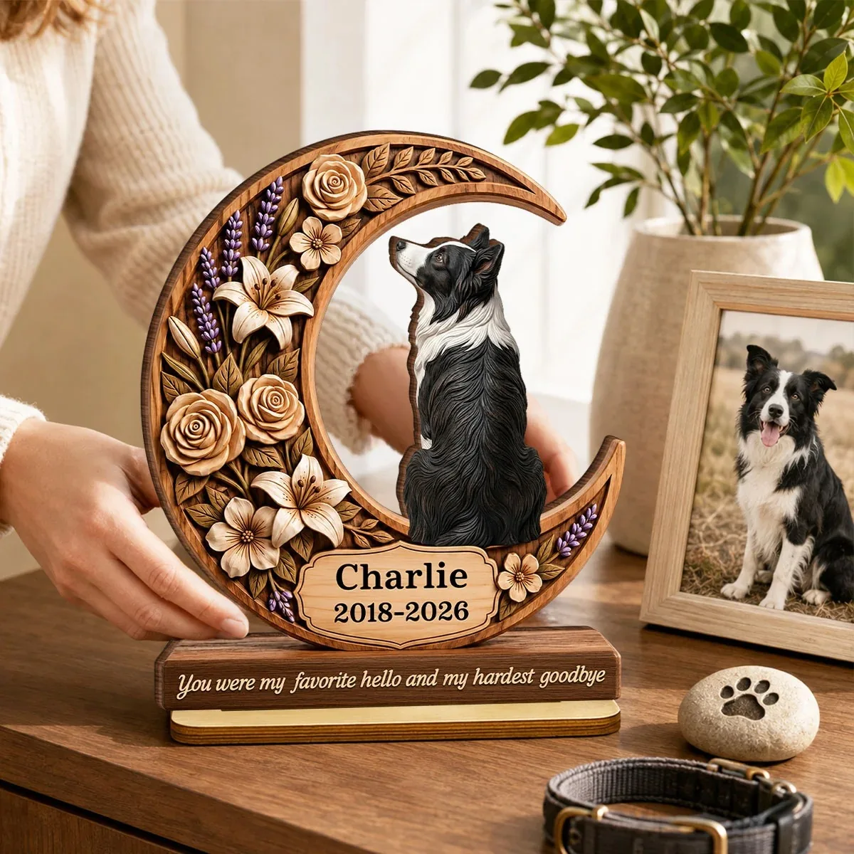 Custom Pet Picture Memorial Plaque Wooden Moon Shape Personalized Cat Name Date Sympathy Gift for Pet Loss Remembrance