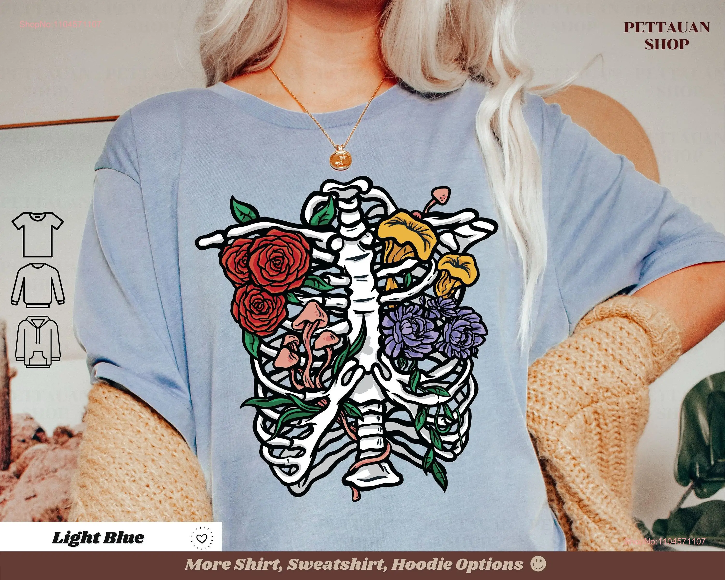 

Flowers and Mushrooms Skeleton Rib HearT T Shirt Torso with cage SweaT Halloween Rose s long or short sleeves