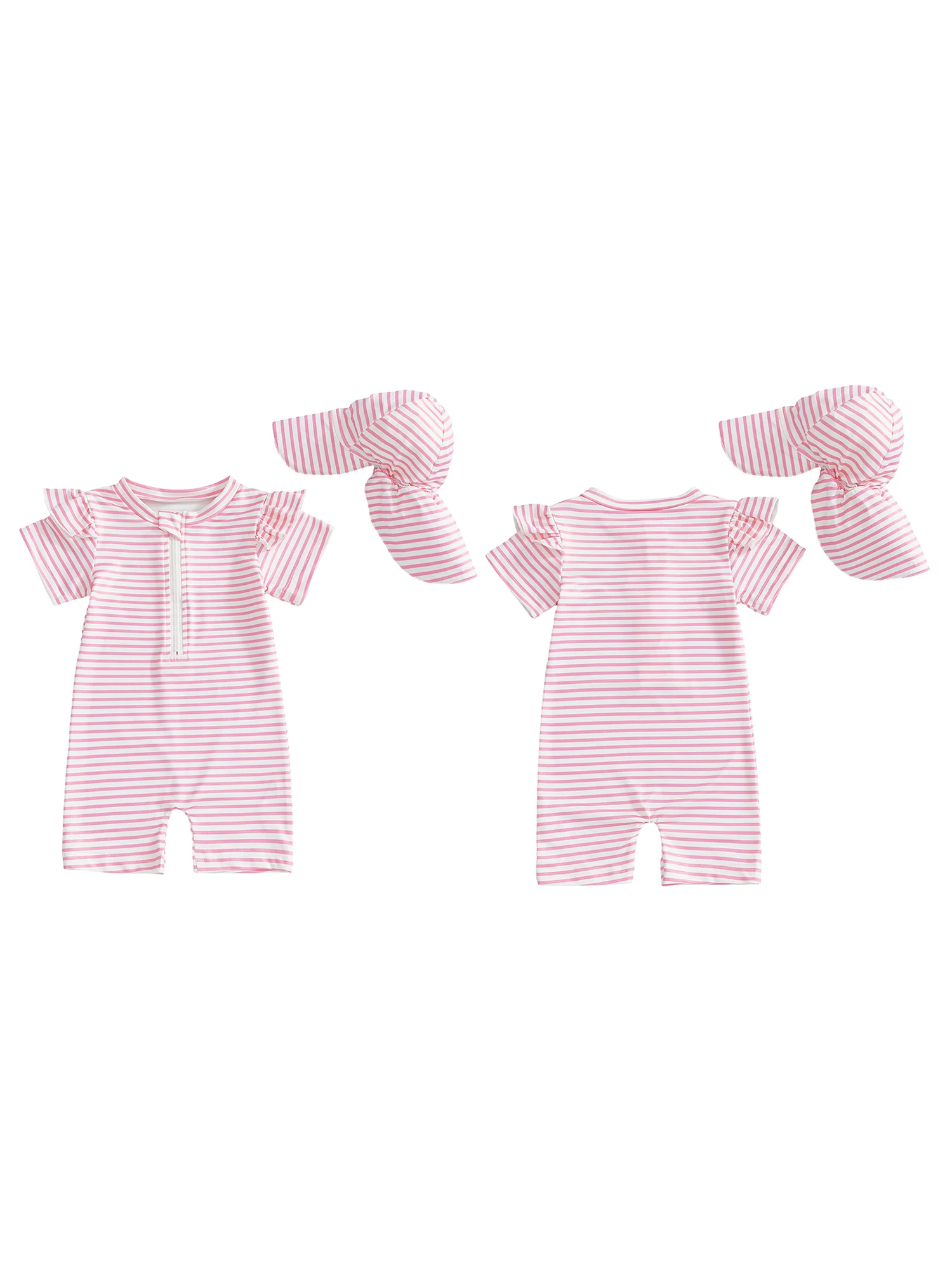 Adorable traje de baño para niñas con sombrero para el sol a juego, conjunto de 2 piezas con volantes a rayas y cierre con cremallera