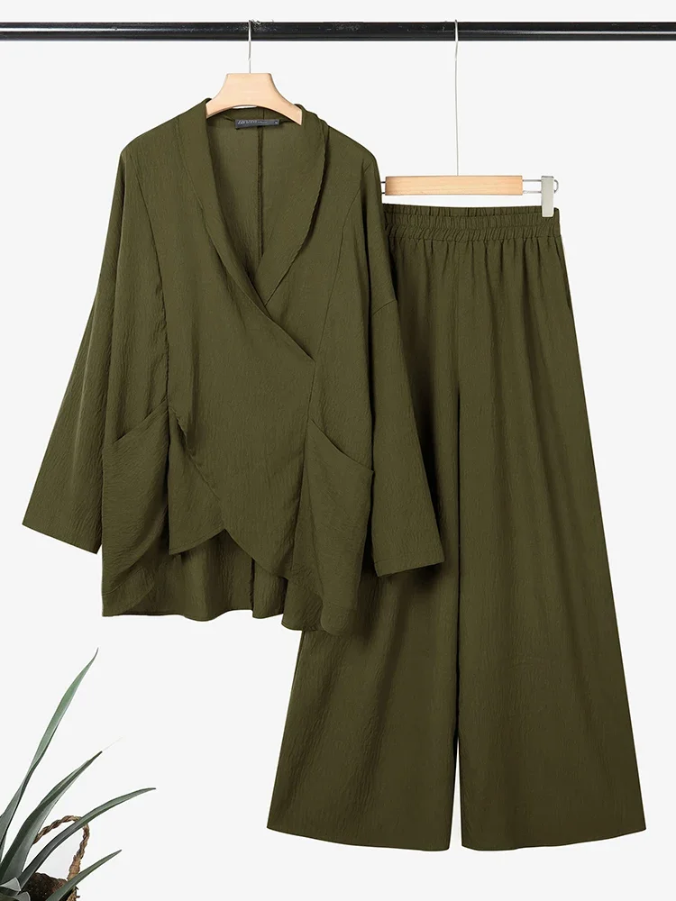 ZANZEA – ensemble pantalon pour femme, grande taille 5XL, manches longues, chemisier avec poches, pantalon à jambes larges, mode, tenues 2 pièces décontractées, Vintage, 2 pièces, automne