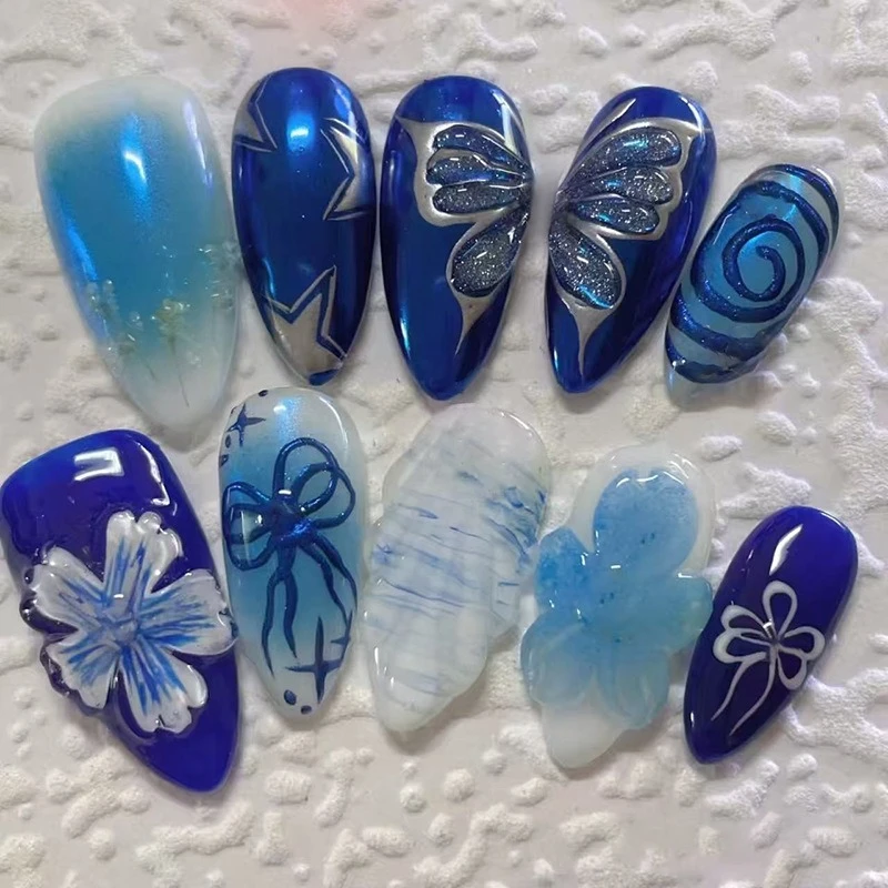 

24PCS 3D Flowers Press on Nails Blue Gradient Water Ripple False Nails Almond Pure Desire Sweet Removable Acrylic Fake Nails 네일팁