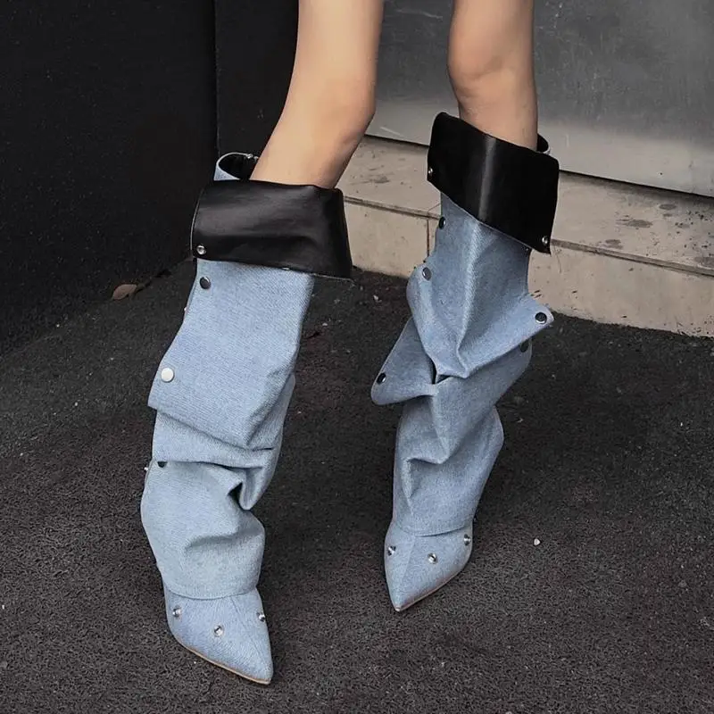 Pointed Toe High Heel Denim Y2K Boots Women 2026 Winter Black Wrinkled Knee High Boots Sexy Party Designer Shoes for Women 43