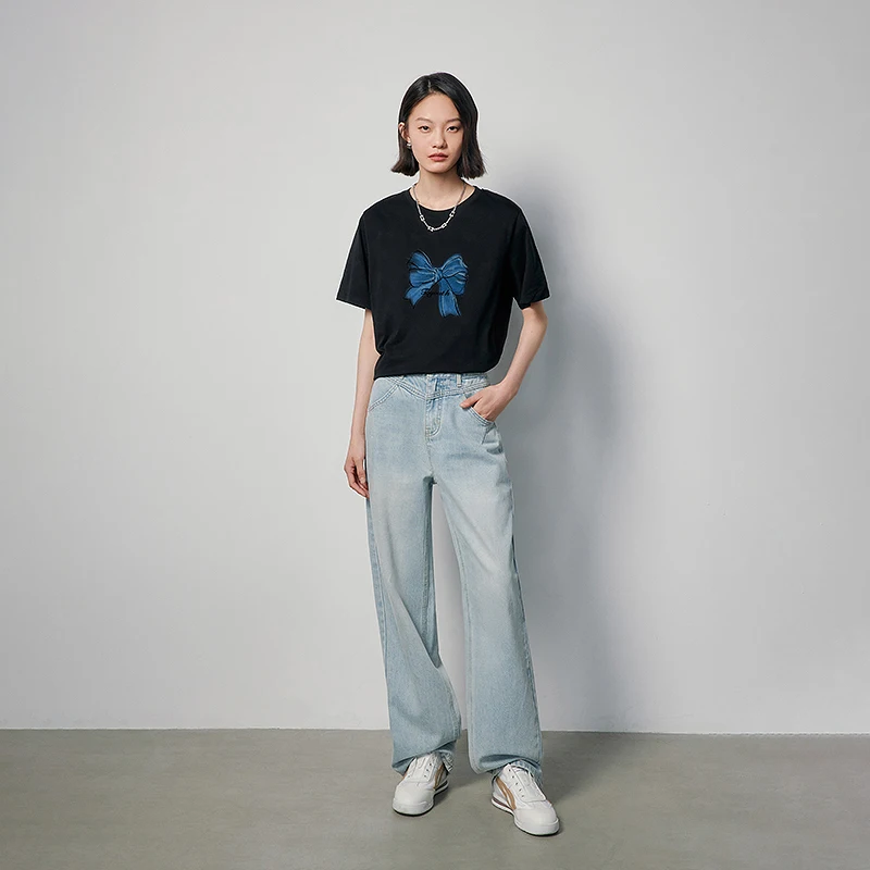 토유스 여성 반팔 티셔츠 2025 여름 신상 리본 프린트 코튼 캐주얼 만능 티셔츠 8521120