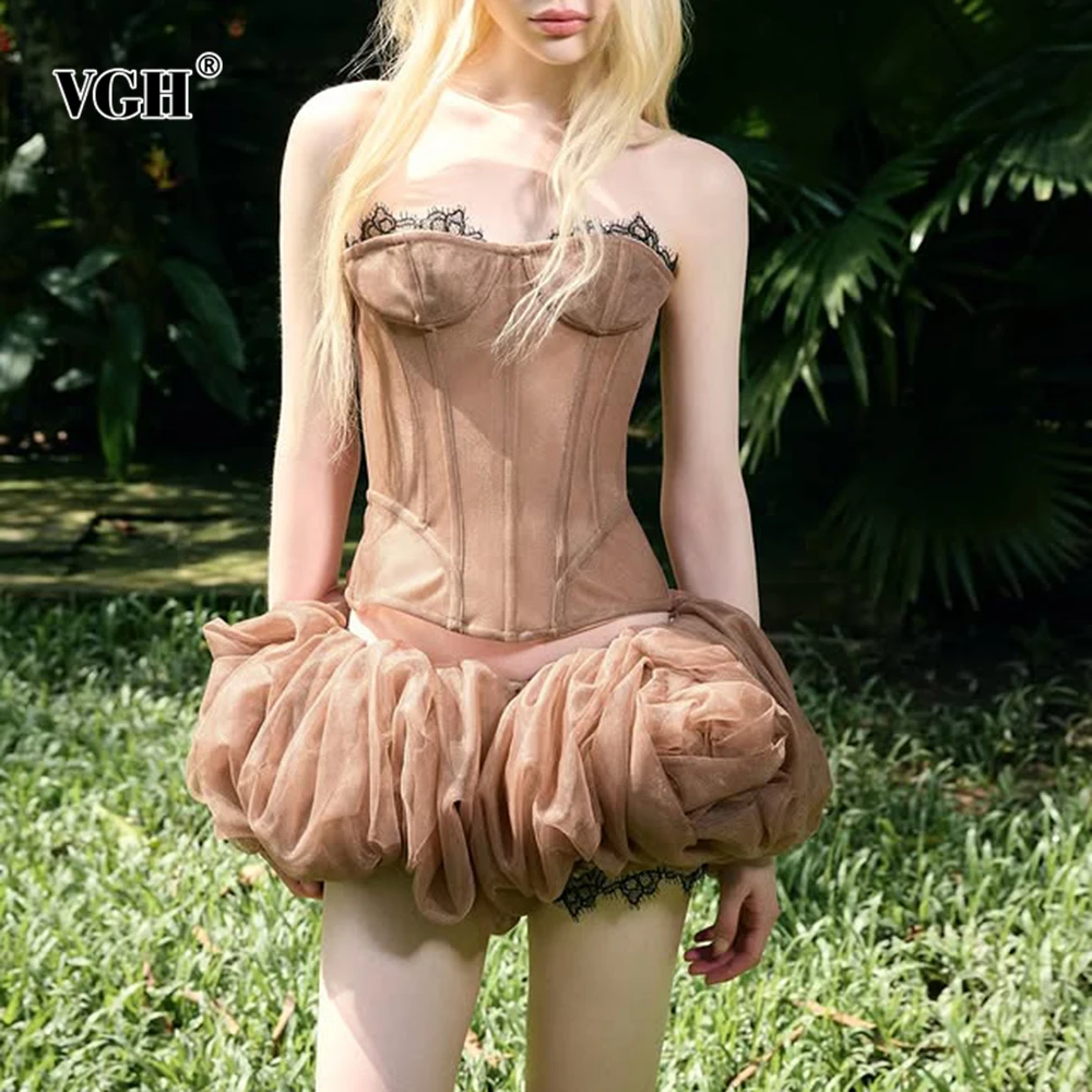 

VGH Sexy Slimming Solid Two Piece Sets For Women Strapless Sleeveless Backless Top High Waist Folds Mini Skirt Chic Set Female
