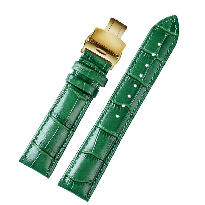 Weiches Rindsleder-Uhrenarmband mit Edelstahl-Schmetterlingsschnalle, 16 mm, 18 mm, 20 mm, 22 mm, grünes, glänzendes Band, Handgelenkgürtel, Unisex