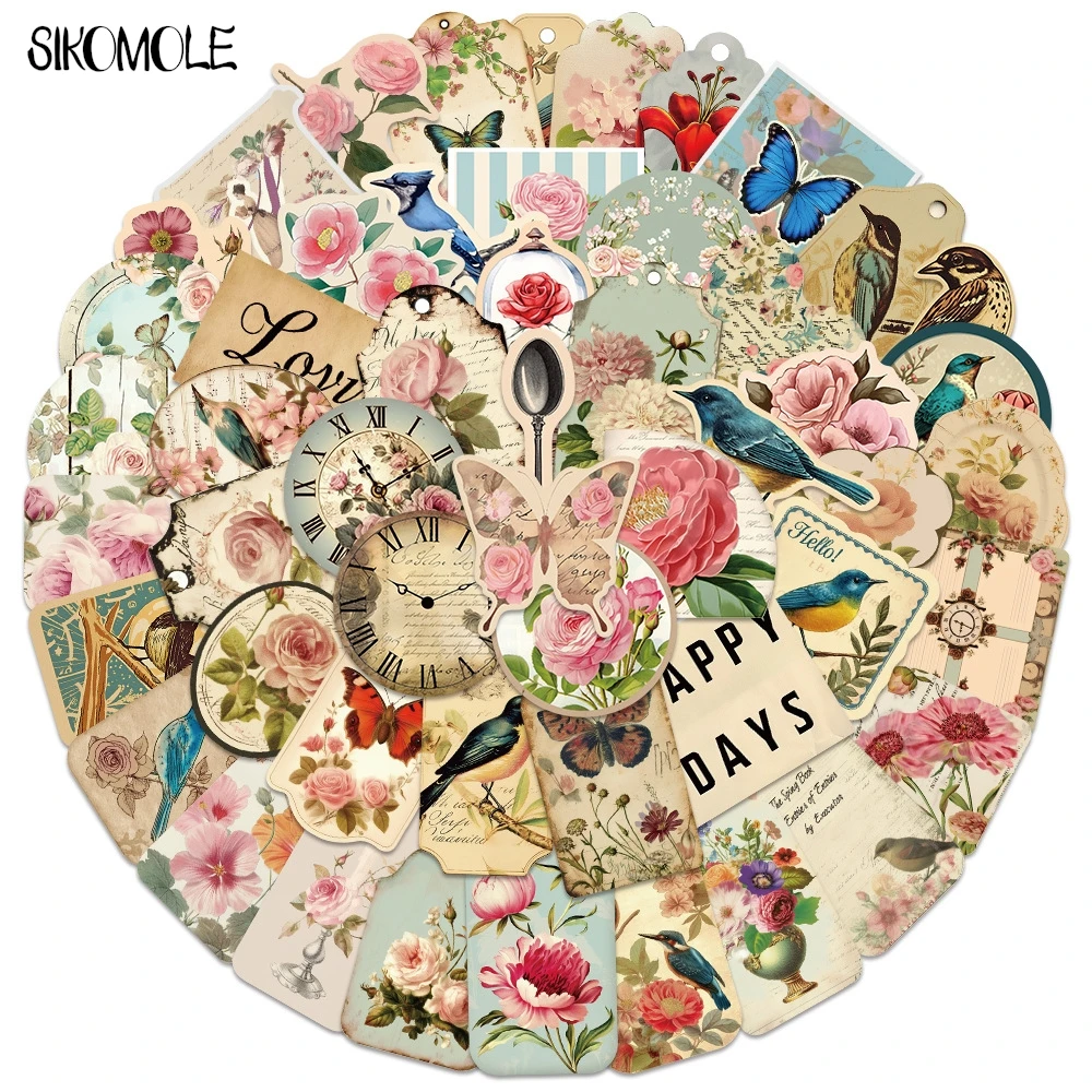 10/30/50 Uds. Pegatinas Vintage de pájaros y flores, calcomanías estéticas DIY para ordenador portátil, guitarra, monopatín, pegatina de Graffiti impermeable para coche, regalo para niños