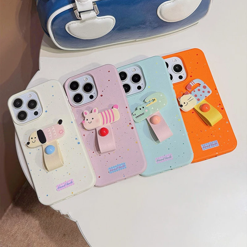 Korean Cute 3D Dog Cat Rabbit Finger Ring Support Phone Case For iPhone 16 15 14 13 11 12 Pro Max Plus X XS Holder Stand Cover image 6
