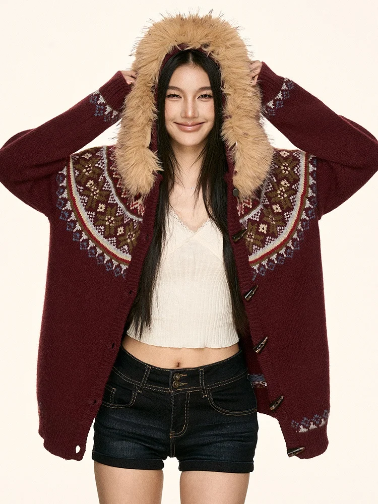 

Aaisup American Fair Isle Knitted Hooded Open Cardigan Women's Autumn Winter Versatile Lazy Sle Sweater Jaet