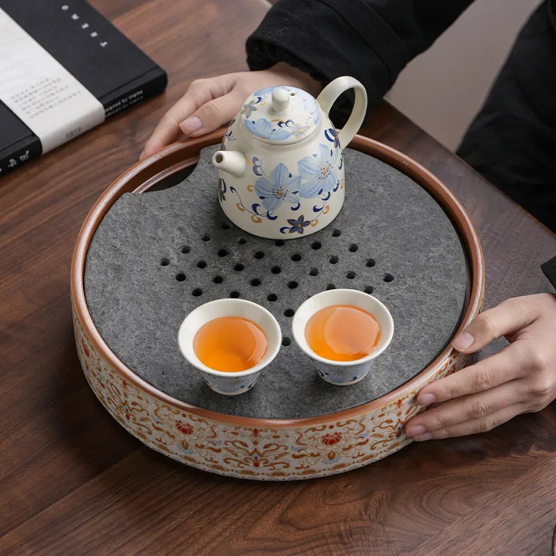 Bandeja de té redonda de cerámica, bandeja de porcelana de lujo para sala de estar china, bandeja de té creativa para oficina, bandeja decorativa imperial antigua