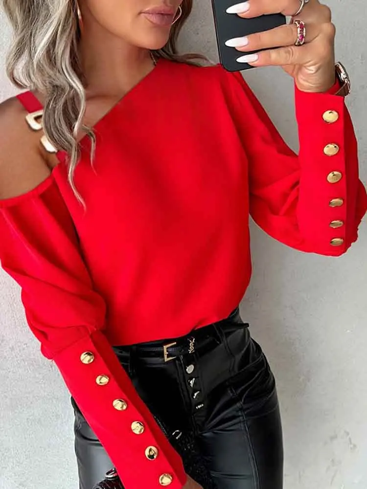 sexy off shoulder chain shirt blouse women fashion pure color long sleeve shirts for women 2024 spring autumn casual button tops