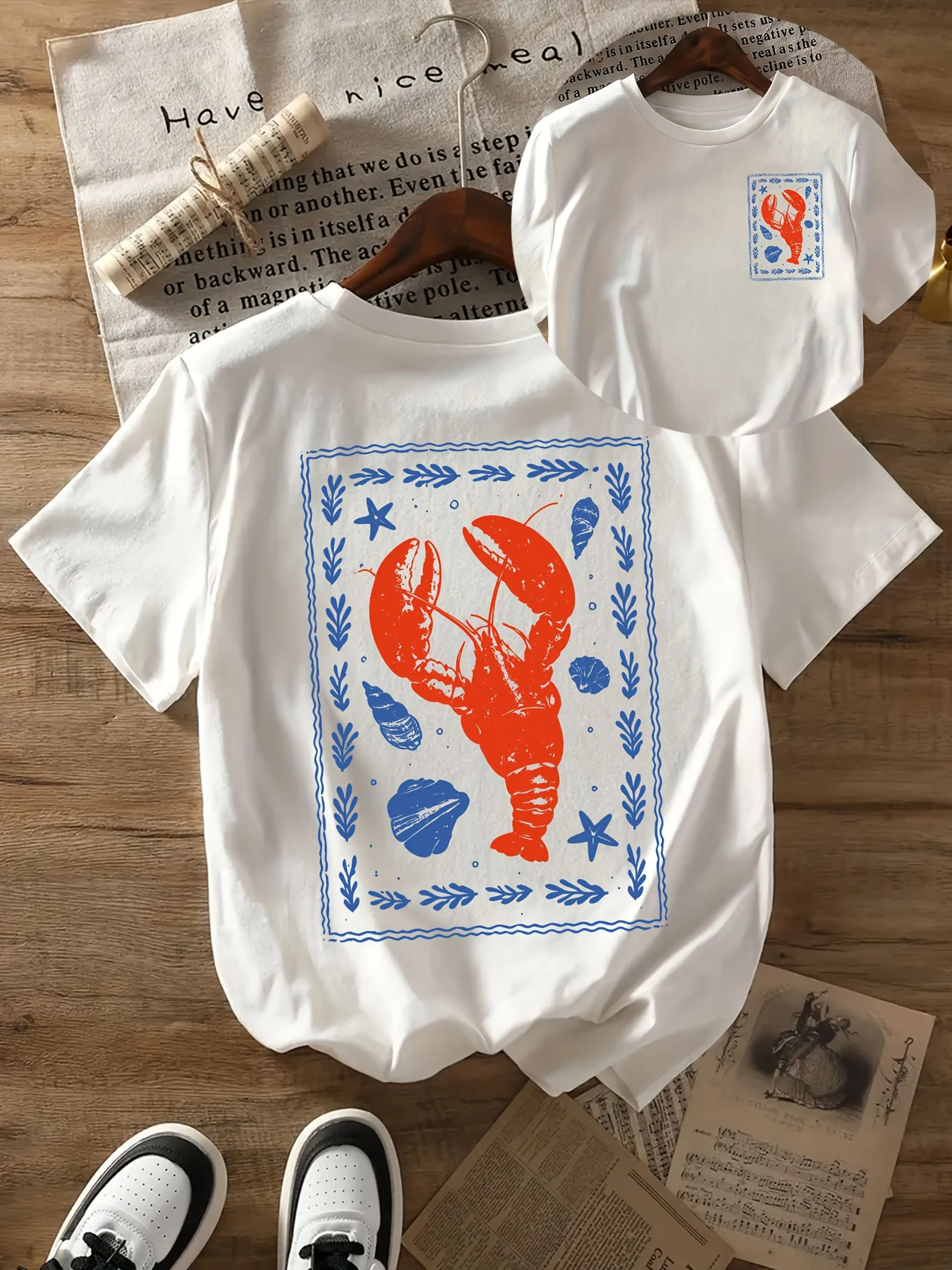 Double-sided Printed Sleeved Red Blue Lobster Starfish Shell Print Breathable Retro Ocean Style Beach Wear Letter Pattern