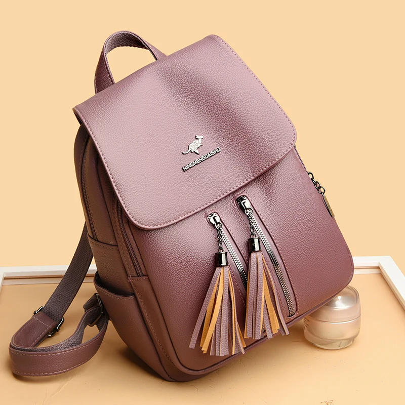 High Quality Soft Leather Backpacks For Women Solid Color Simple Girls School Bags Vacation Casual Travel One Shoulder Backpack