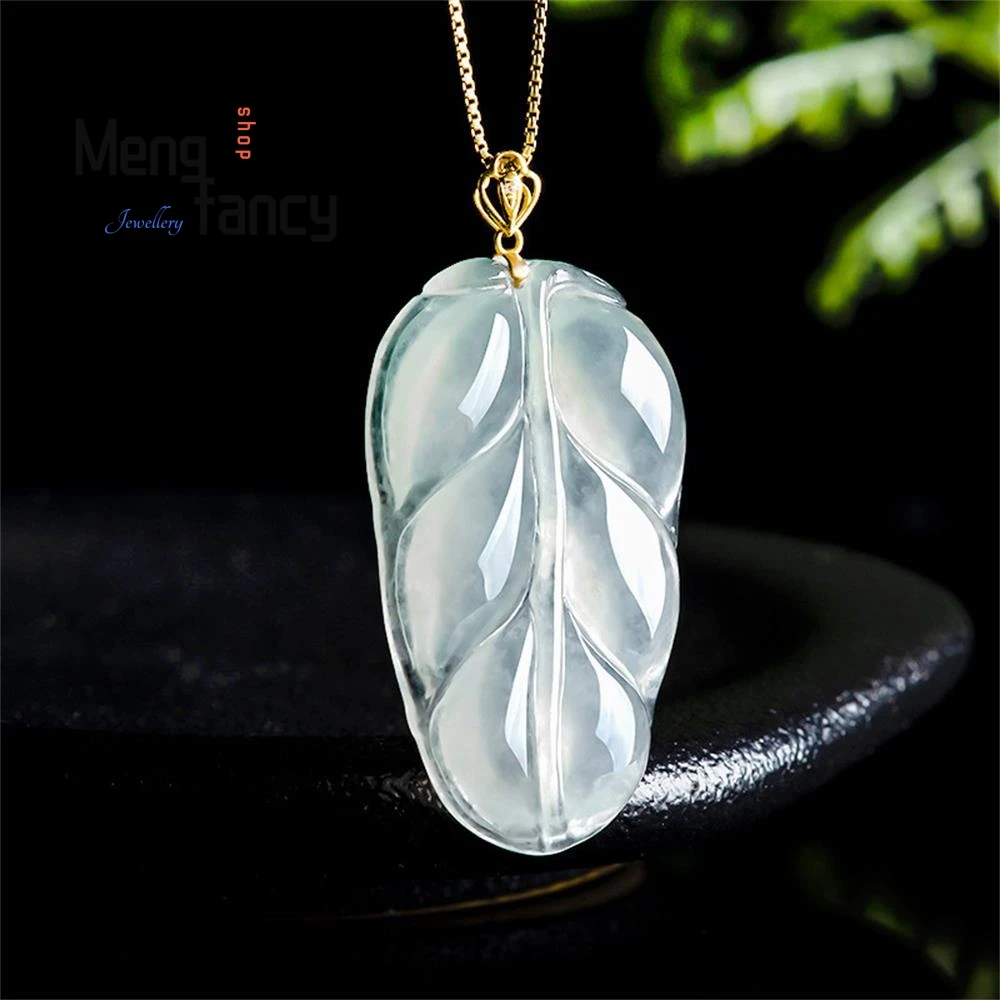 

Natural Myanmar A-goods Jadeite Leaves 18K Gold Buckle Inlaid Ice Jade Pendant Exquisite High-grade Luxury Fashion Fine Jewelry