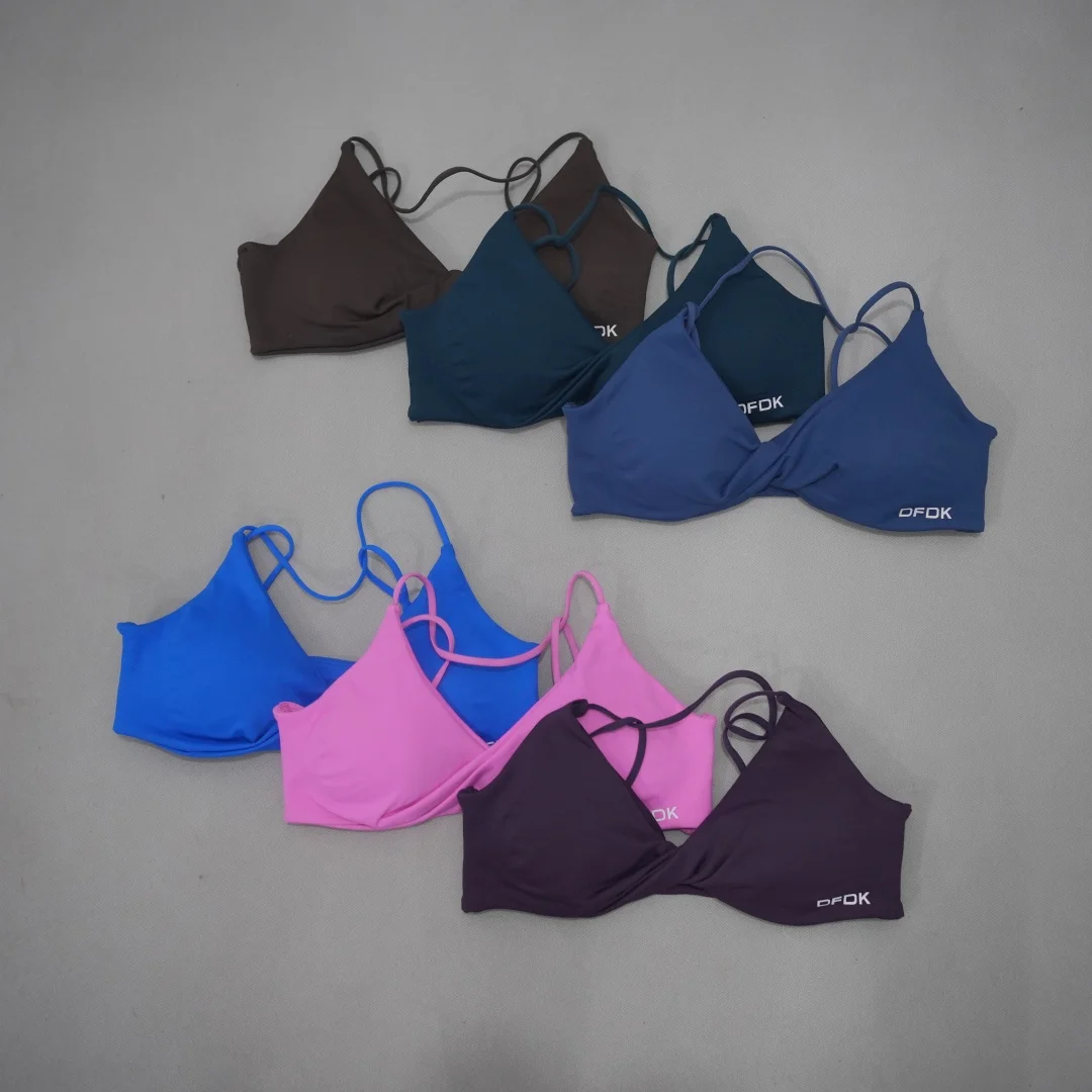 DFDK Women Twist Front Sports Bra V Neck Thin Strap Cross Back Seamless Removable Pads Yoga Gym Fitness Workout Soft Support
