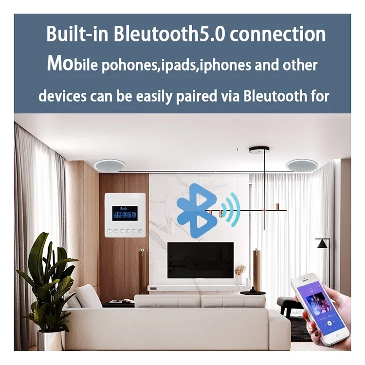 Mini Bluetooth Amplifier Wall Mount Music Player Touch Key FM Radio in Wall Audio System Ideal for Indoor Home Apartment Store