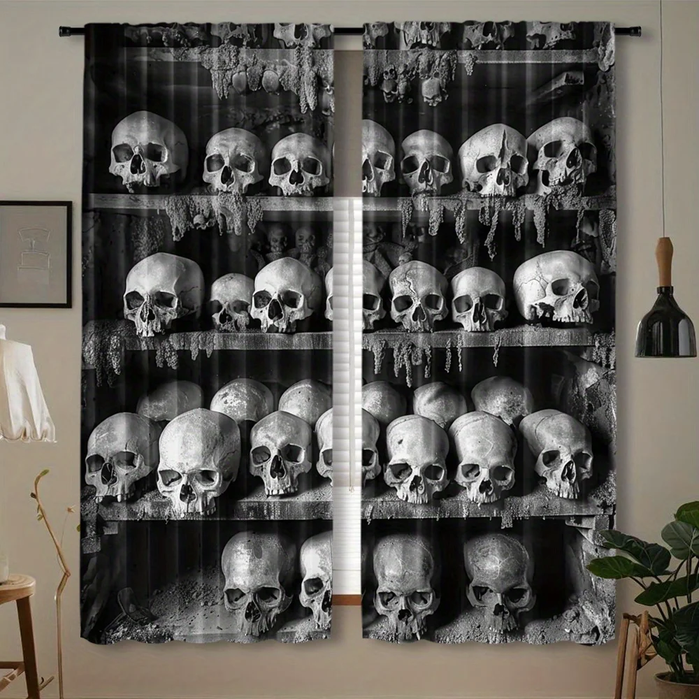 Gothic Skull Skeleton Print Curtain Black and White Horror Gothic Bedroom Living Room Decor Curtain