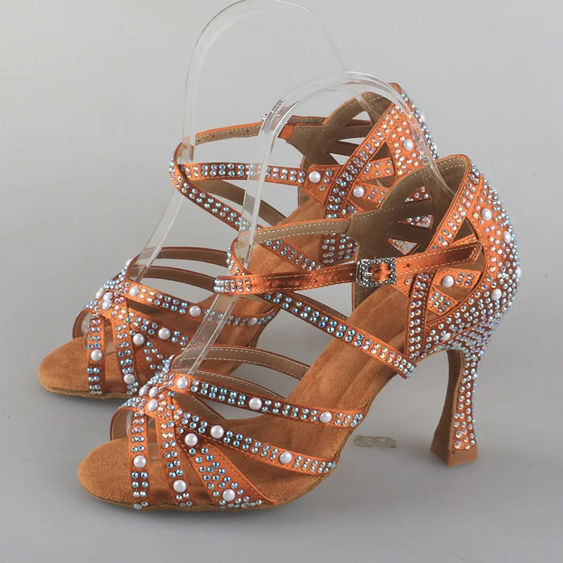 

Wedopus 9CM Crystals and Pearls Salsa Sansha Dance Shoes Suede Sole Bronze Color Dance Sandals Woman Latin