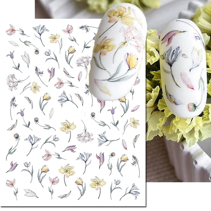 3d Nail Art Stickers Watercolor Bluesky Blossom Florals Flowers Leaves Adhesive Sliders Nails Decals Decorations For Manicures