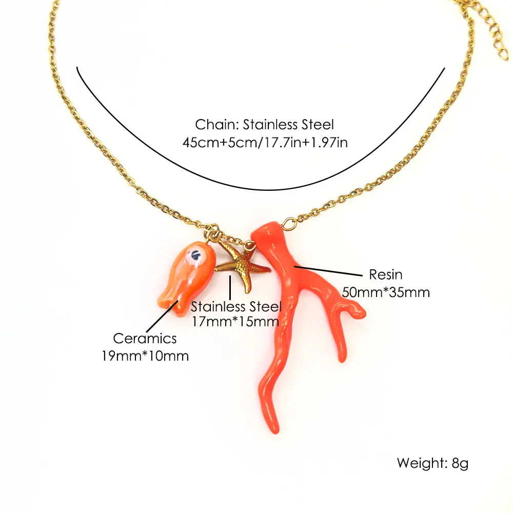 مطلية بالذهب المحيط تقليد المرجان السيراميك الأسماك نجم البحر سحر الشاطئ قلادة للنساء عطلة الصيف قلادة مجوهرات الحفلات #5