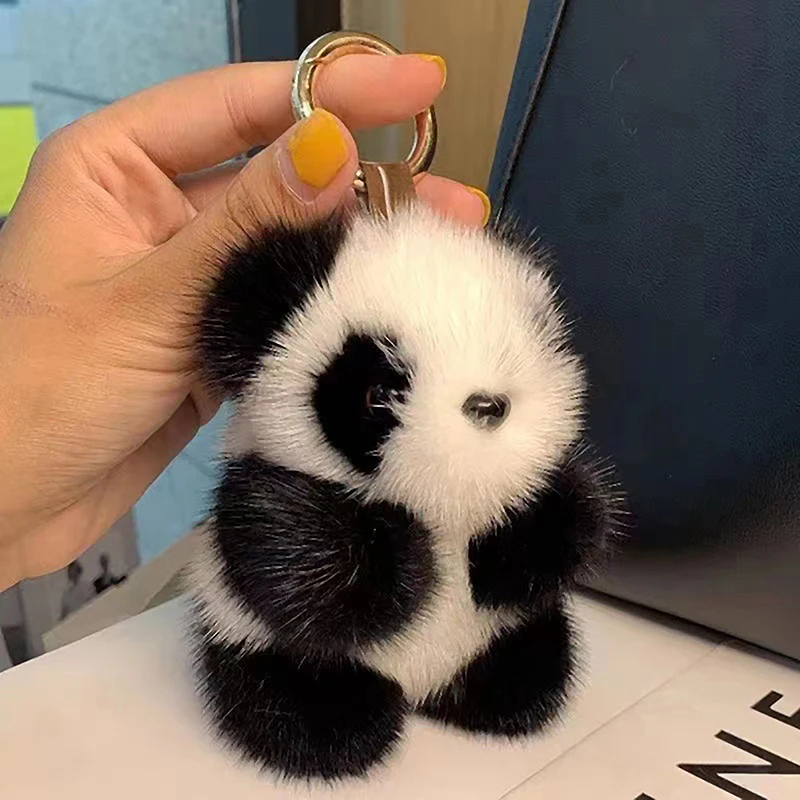 Pequeno panda luxuoso chaveiro para mulheres, ornamento de pele, imitação bonito vison, chaveiro do carro