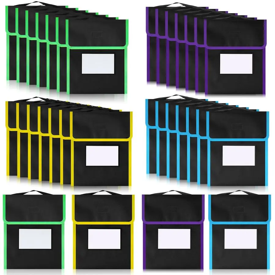 

32 Pcs Medium Book Pouches for Classroom, Nylon Black Reading Book Bags for Student with Clear Name Tag, 10 x 12, Pocket on Hand