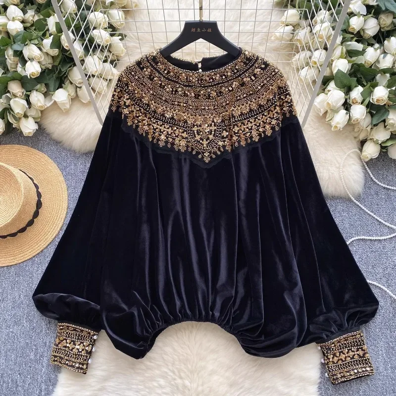 High Grade Light Luxury Court Style Women Clothing Blusas Mujer O Neck Heavy Shiny Loose Blouses Vintage Chic Velvet Shirts