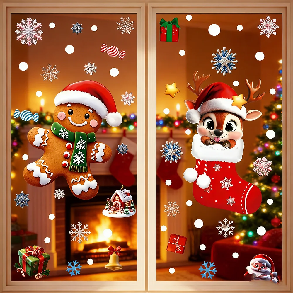 2026 Xmas Static Cling Decals Gingerbread Man Snowman Snowflake Santa Claus Window Stickers Holiday Party Decor Supplies