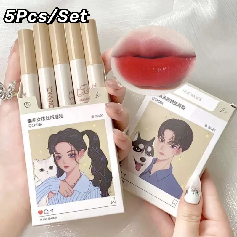 

5 Color Matte Lip Gloss Velvet Lip Mud Creative Cigarette Shape Lipstick Set Waterproof Nude Red Lip Glaze Korean Kit Cosmetic