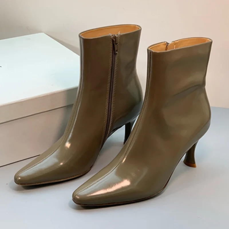 

Jenny&Dave French Retro Pointed Waxed Cowhide Leather Ankle Boots Autumn And Winter 5.5cm High Heel Boots Shoes For Women