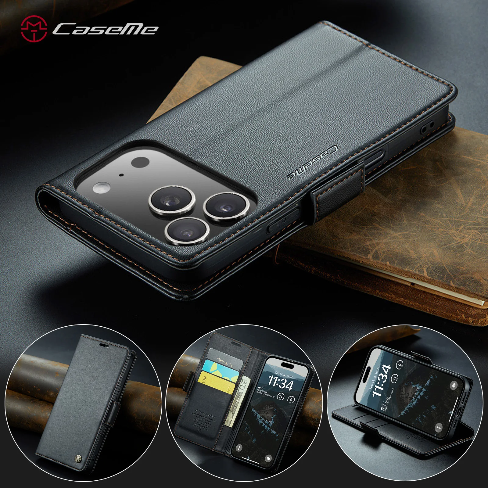 CaseMe-023 Side Buckle Wallet Case for iPhone 17 Pro Max 16 15 14 13 12 11 Pro Max XR Magnetic Premium Leather Card Holder Cover