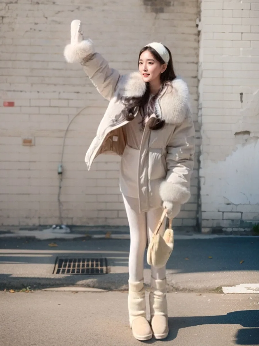 

90% White Du down Puffer Jaet with Fur Collar And Gloves Thiened Long Sve Zipper Closure Color Commute Sle